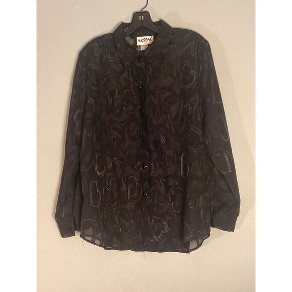 Vintage Heart Print Expose Sheer Blouse 90s Y2K Black Squiggle ~ Sz M - Picture 5 of 11